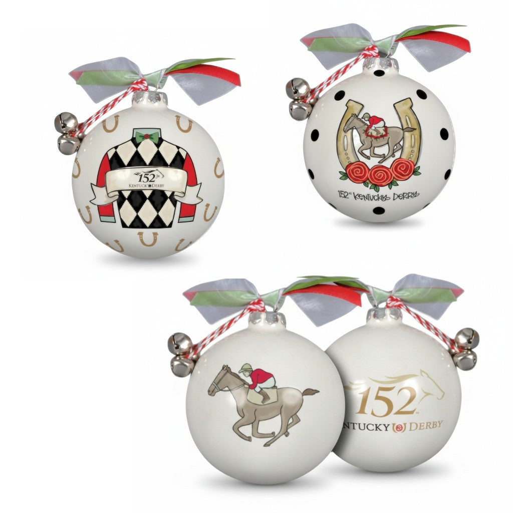 The complete 152nd Kentucky Derby ornament collection showing all three designs: Classic, Jockey Silk, and Horseshoe Polka Dot.