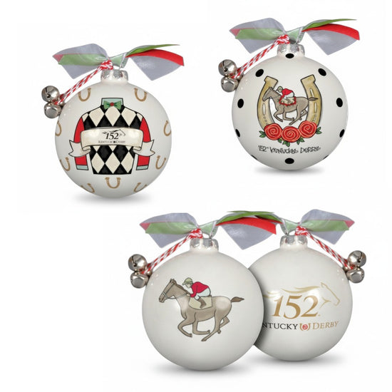 The complete 152nd Kentucky Derby ornament collection showing all three designs: Classic, Jockey Silk, and Horseshoe Polka Dot.