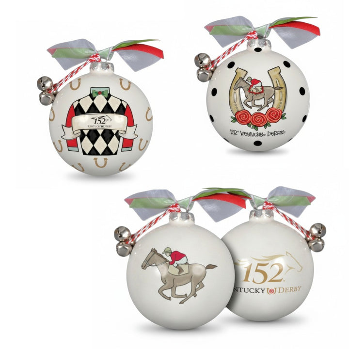 The complete 152nd Kentucky Derby ornament collection showing all three designs: Classic, Jockey Silk, and Horseshoe Polka Dot.
