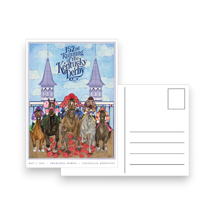 Front of the 152nd Kentucky Derby postcard featuring the official artwork by Grayson Reynolds with racehorses and the Twin Spires.