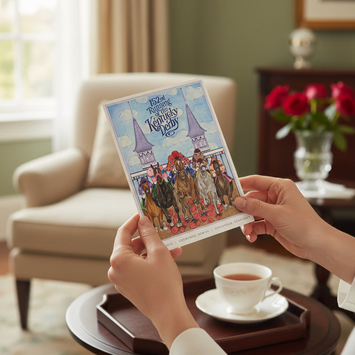  Lifestyle image showing the 152nd Kentucky Derby postcard held up to display the colorful artwork.