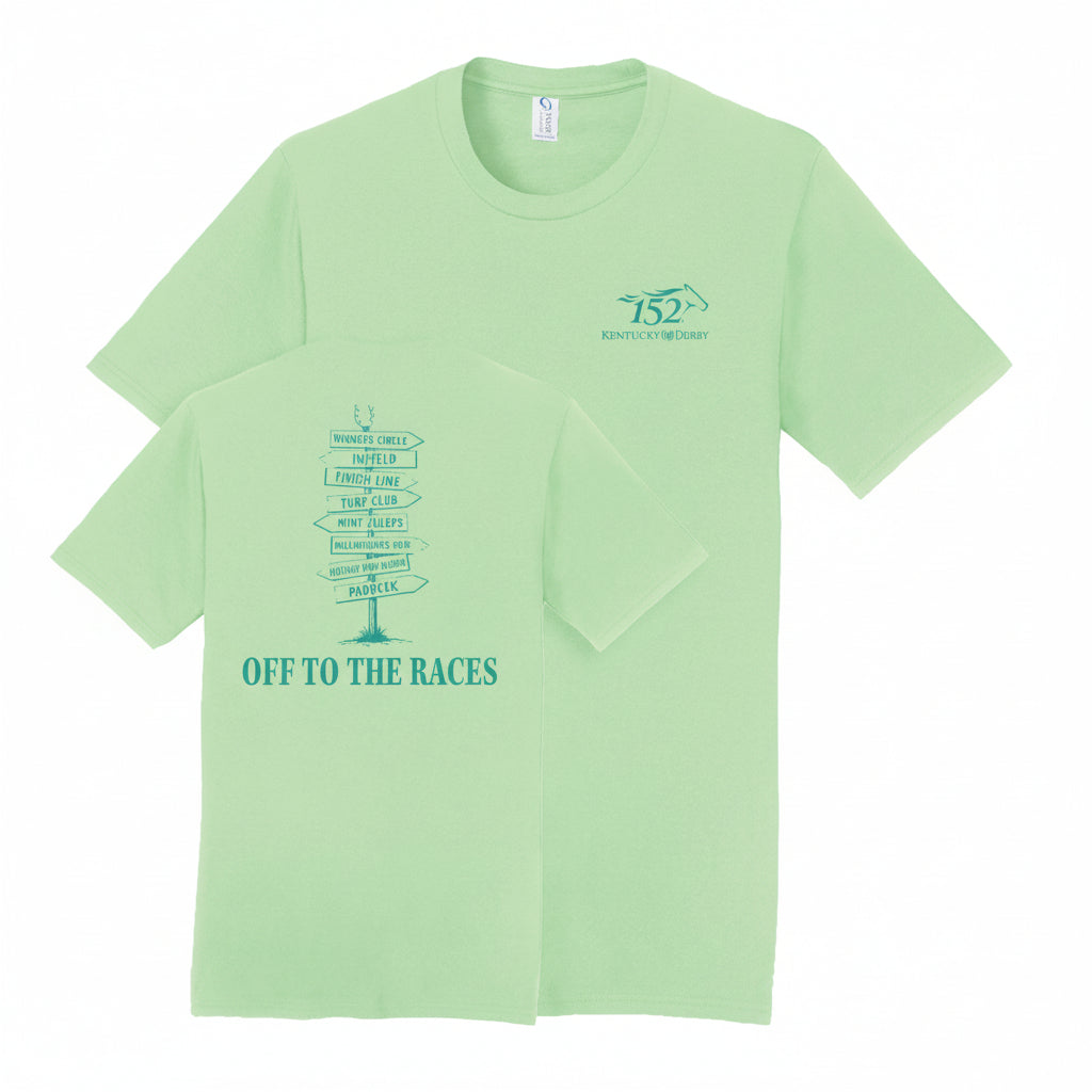 A combination view of the spearmint green Kentucky Derby 152 "Off to the Races" t-shirt, showing both the front logo and the back signpost graphic.