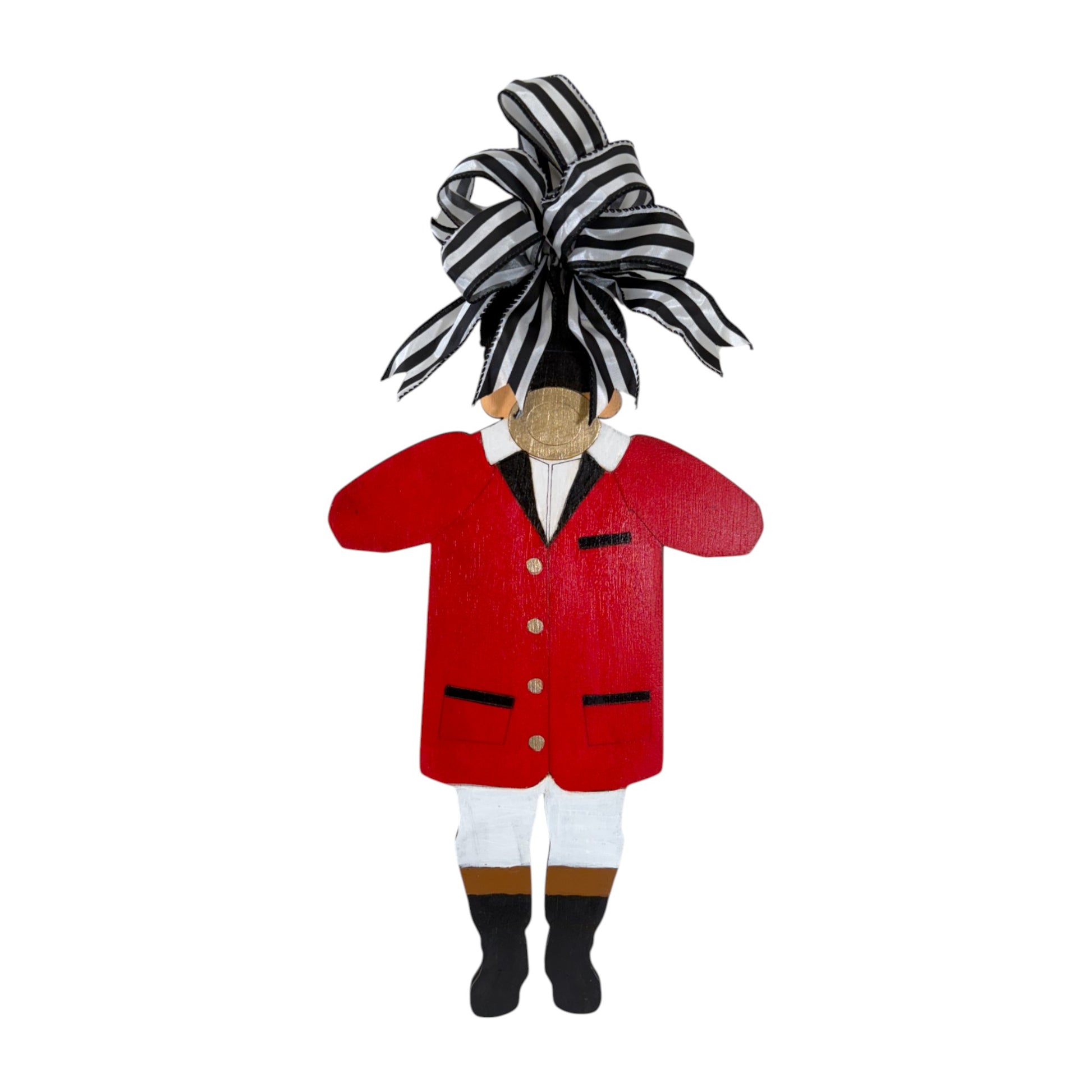 Decorative figure of a character in a red coat with a large black and white bow on a white background