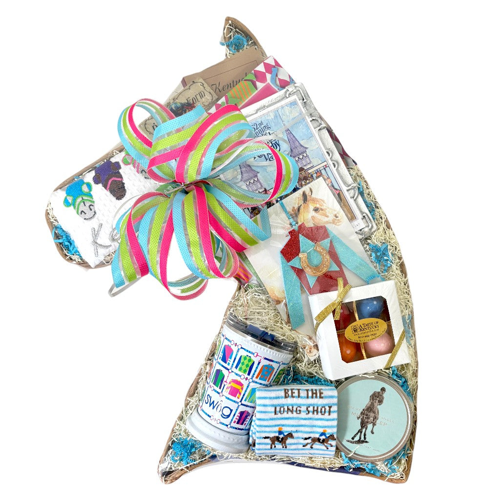 The Southern Derby Charm Gift Basket displayed in a unique horse head-shaped basket with all included gifts.