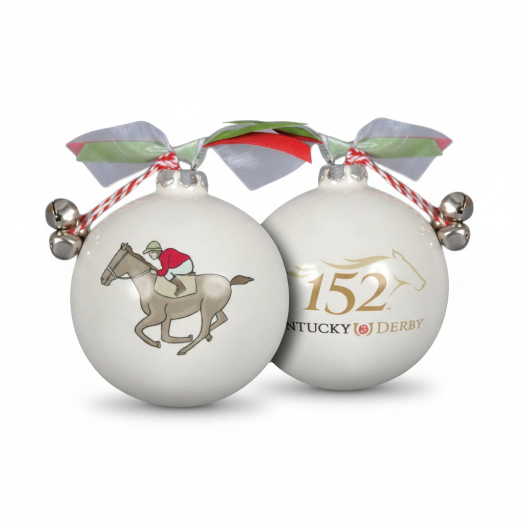Front and back view of the Classic ornament, showing the 152nd Derby logo on one side and a racing horse on the other.