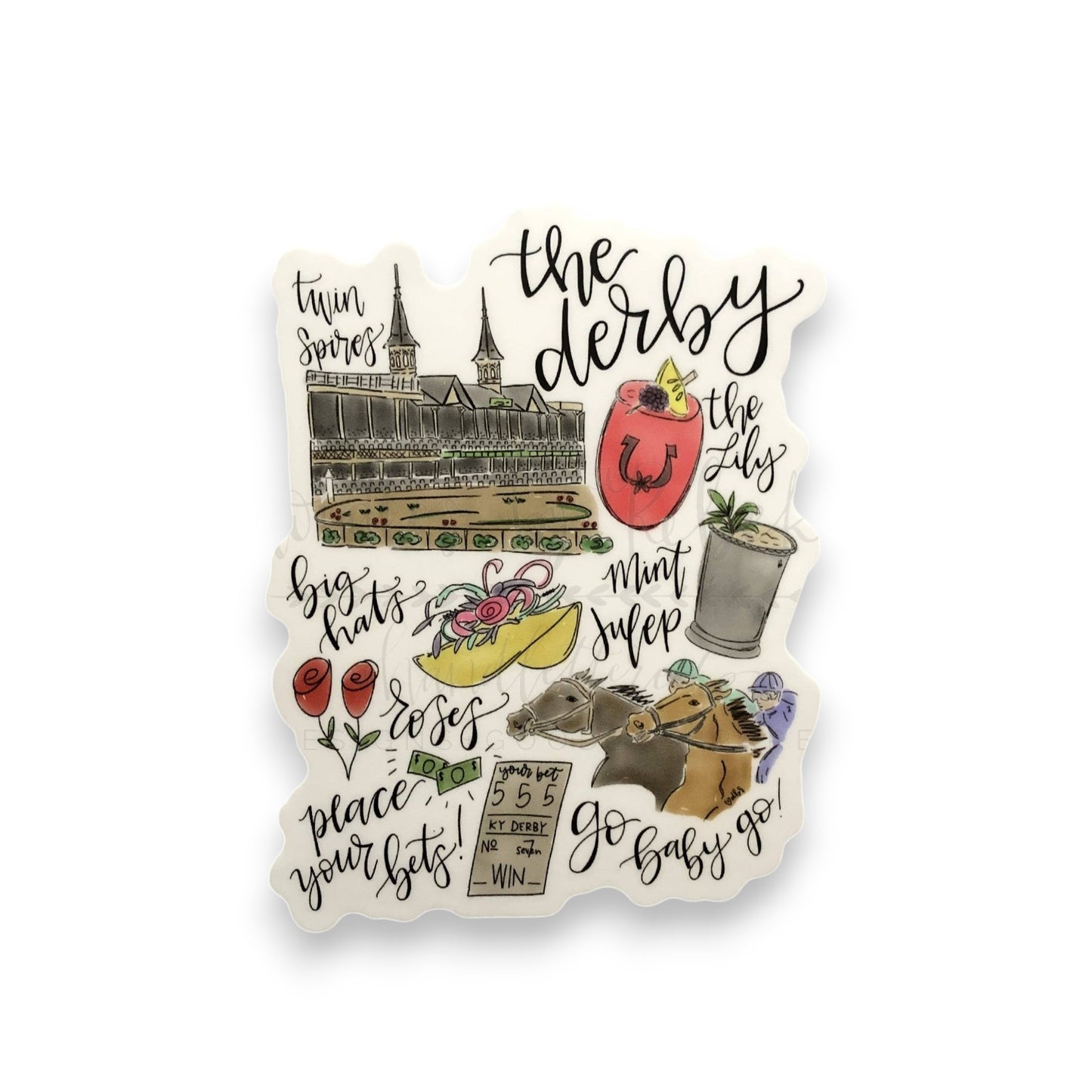 A 4-inch die-cut sticker featuring a watercolor collage of racing items like the Twin Spires, a mint julep, and red roses against a solid white backing.