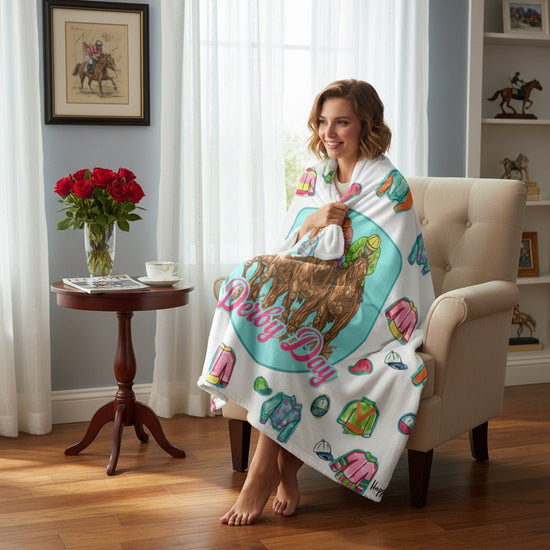 Woman sitting in a chair wearing a  Derby Day horse racing fleece blanket in a living room.