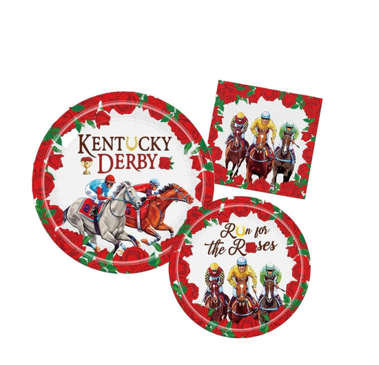 A complete set of Derby Day tableware featuring a large 9-inch plate with a golden trophy and racing horses, a 7-inch plate with the Run for the Roses script, and a matching 2-ply napkin, all framed by red rose borders.