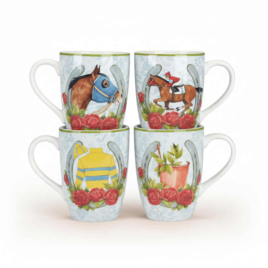 A set of four Certified International ceramic mugs featuring different vibrant paintings of racehorses and jockeys.