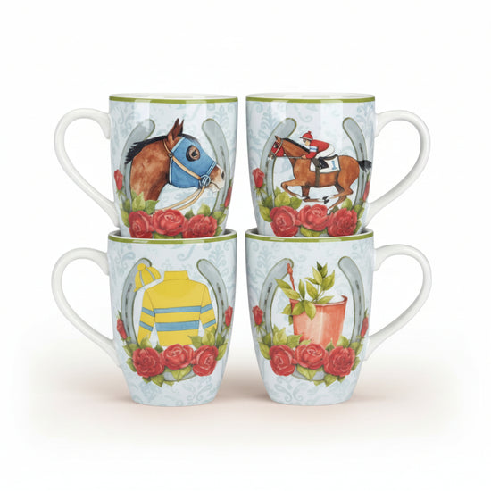A set of four Certified International ceramic mugs featuring different vibrant paintings of racehorses and jockeys.