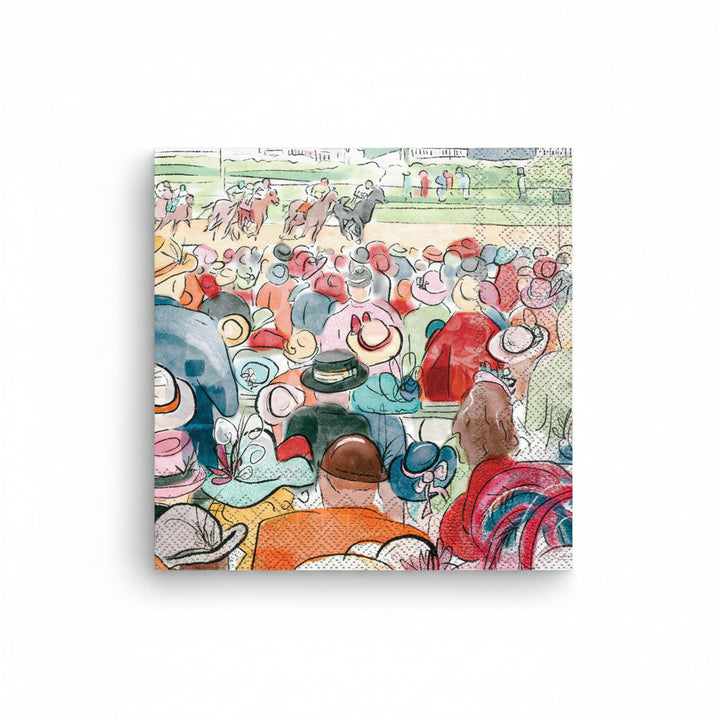 Derby Day Spectators paper beverage napkins with a vintage horse racing design, perfect for Kentucky Derby parties.