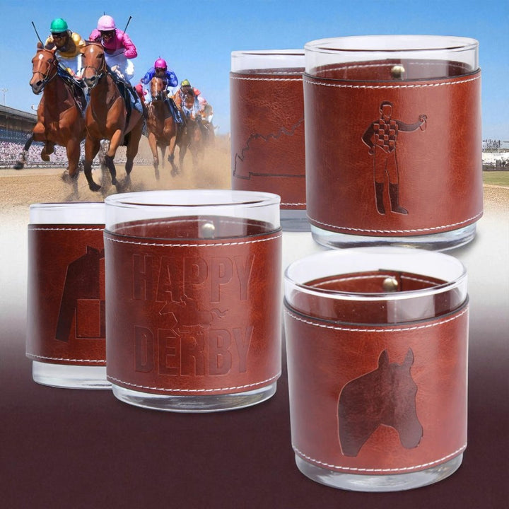 Derby-Themed Faux Leather-Wrapped Rocks Glass – Racing Designs - A Taste of Kentucky