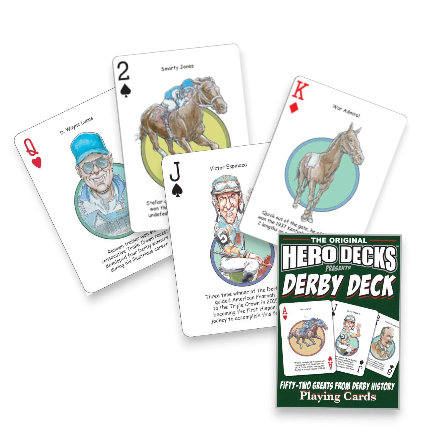 Derby Deck playing cards featuring horse racing-themed illustrations on a white background.
