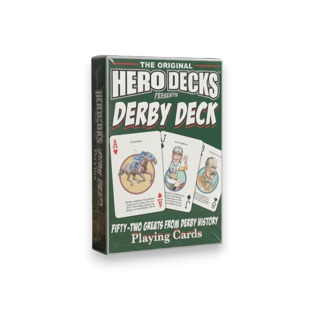 A deck of Derby Heroes playing cards showcasing the box and several cards with colorful illustrations of famous horse racing personalities like Smarty Jones and Victor Espinoza.