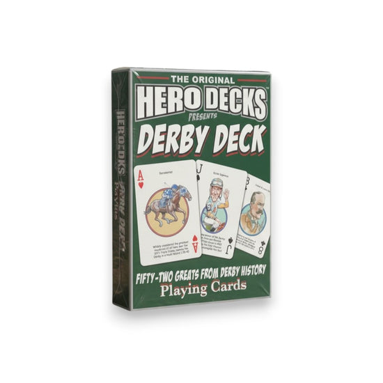 A deck of Derby Heroes playing cards showcasing the box and several cards with colorful illustrations of famous horse racing personalities like Smarty Jones and Victor Espinoza.
