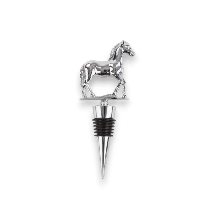 A full view of the stately pewter Derby Horse Wine Bottle Stopper, showcasing its elegant design and rubber-sealed base.