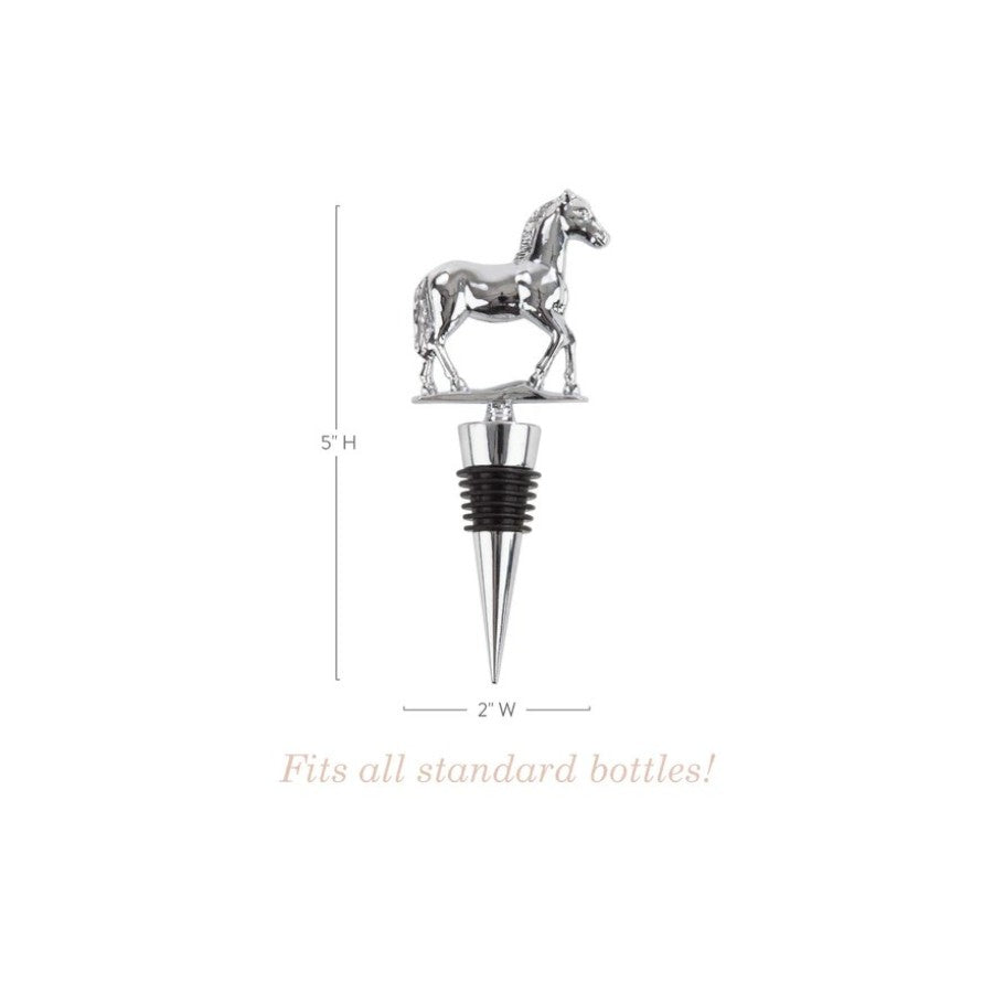 Silver horse-shaped bottle stopper with dimensions on a white background