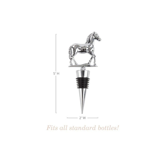 Silver horse-shaped bottle stopper with dimensions on a white background