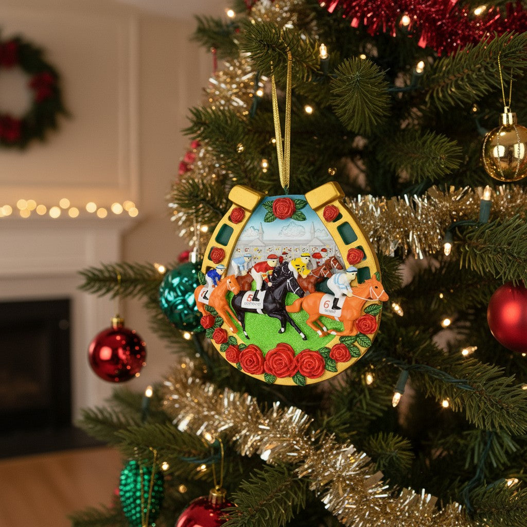 The Kentucky Derby horseshoe ornament hanging on a festive Christmas tree with twinkling lights.