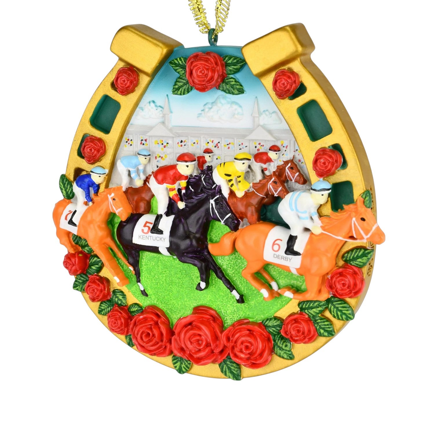 A close-up detail shot of the hand-painted red roses on the golden horseshoe ornament.