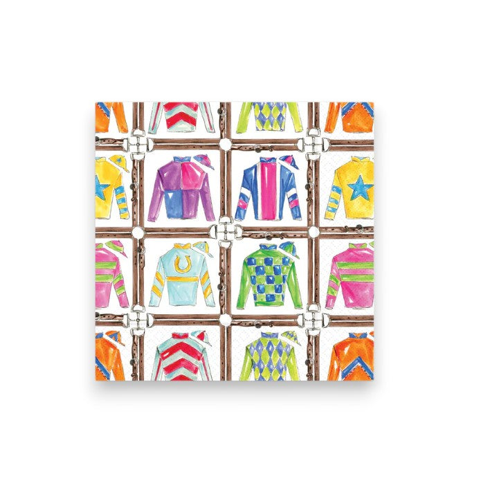 Derby Jockey Silks paper beverage napkins with a colorful jockey silks design, perfect for Kentucky Derby parties.