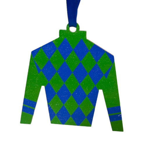 Blue and green checkered jockey silks on a white background
