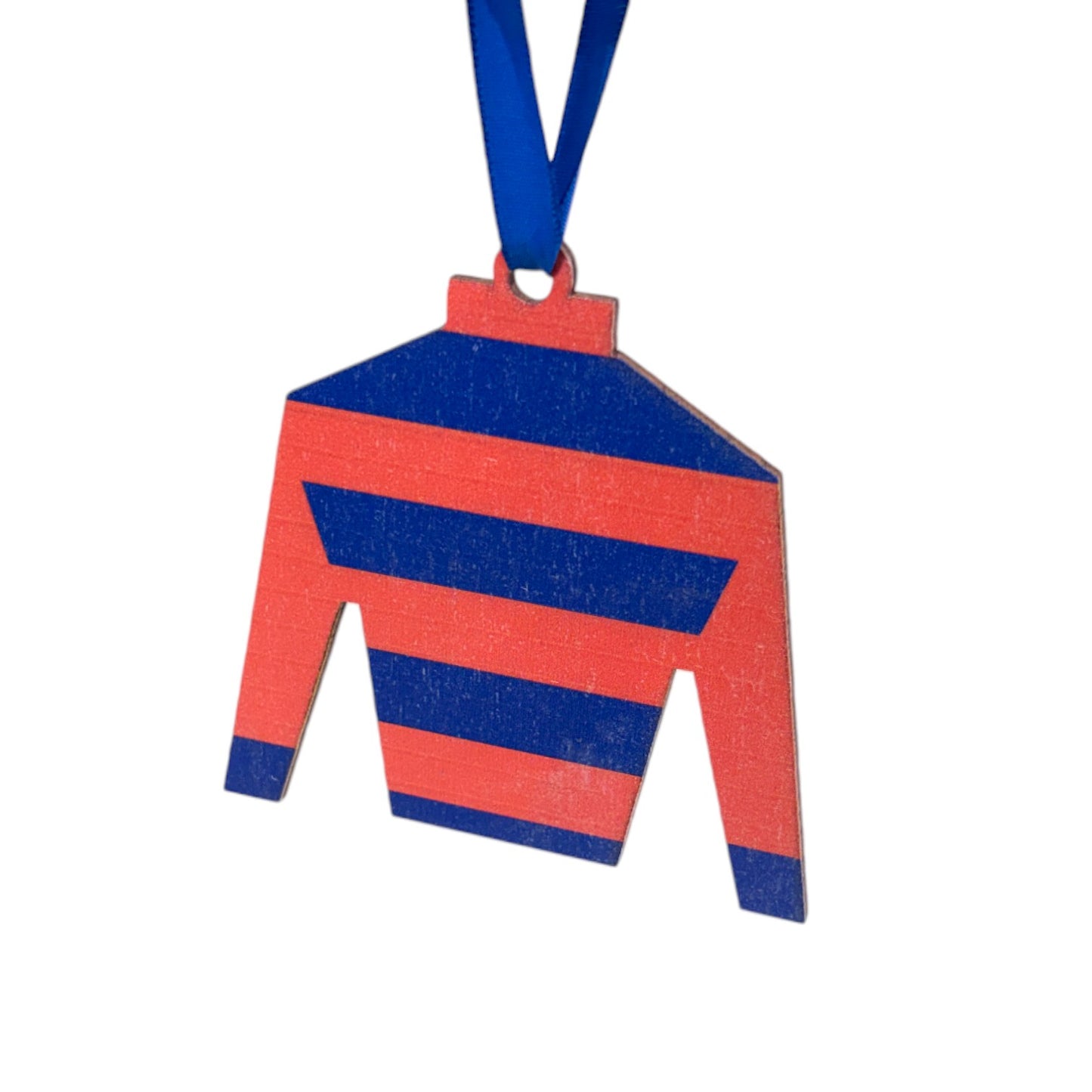 Red and blue striped jockey's silks on a white background