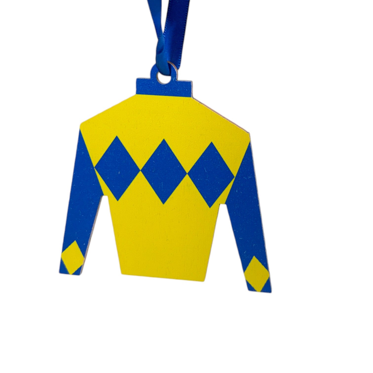 Yellow and blue jockey's silks on a white background