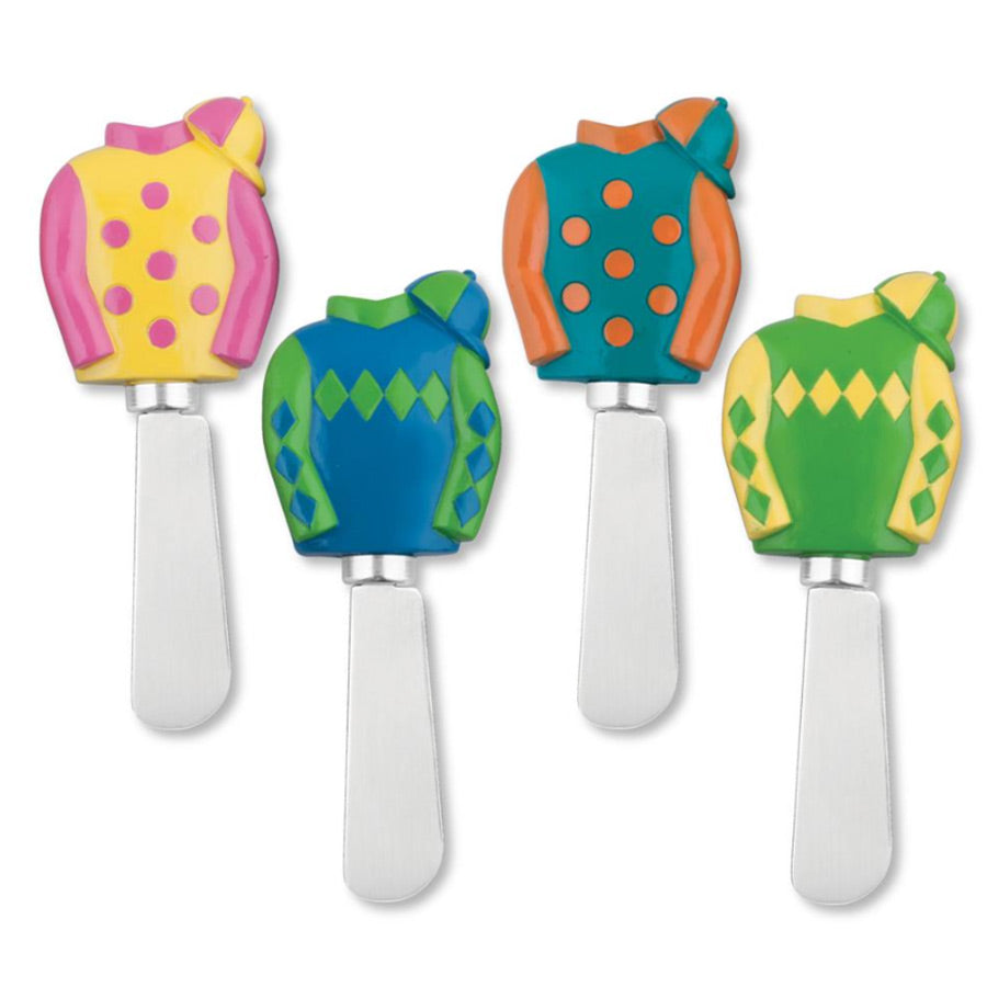 Four colorful cheese Spreaders with different patterns on a white background