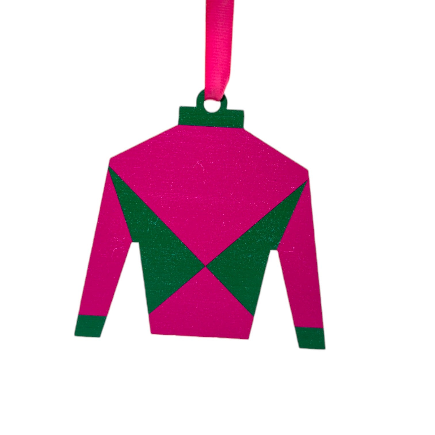 Pink and green jockey's silks on a white background