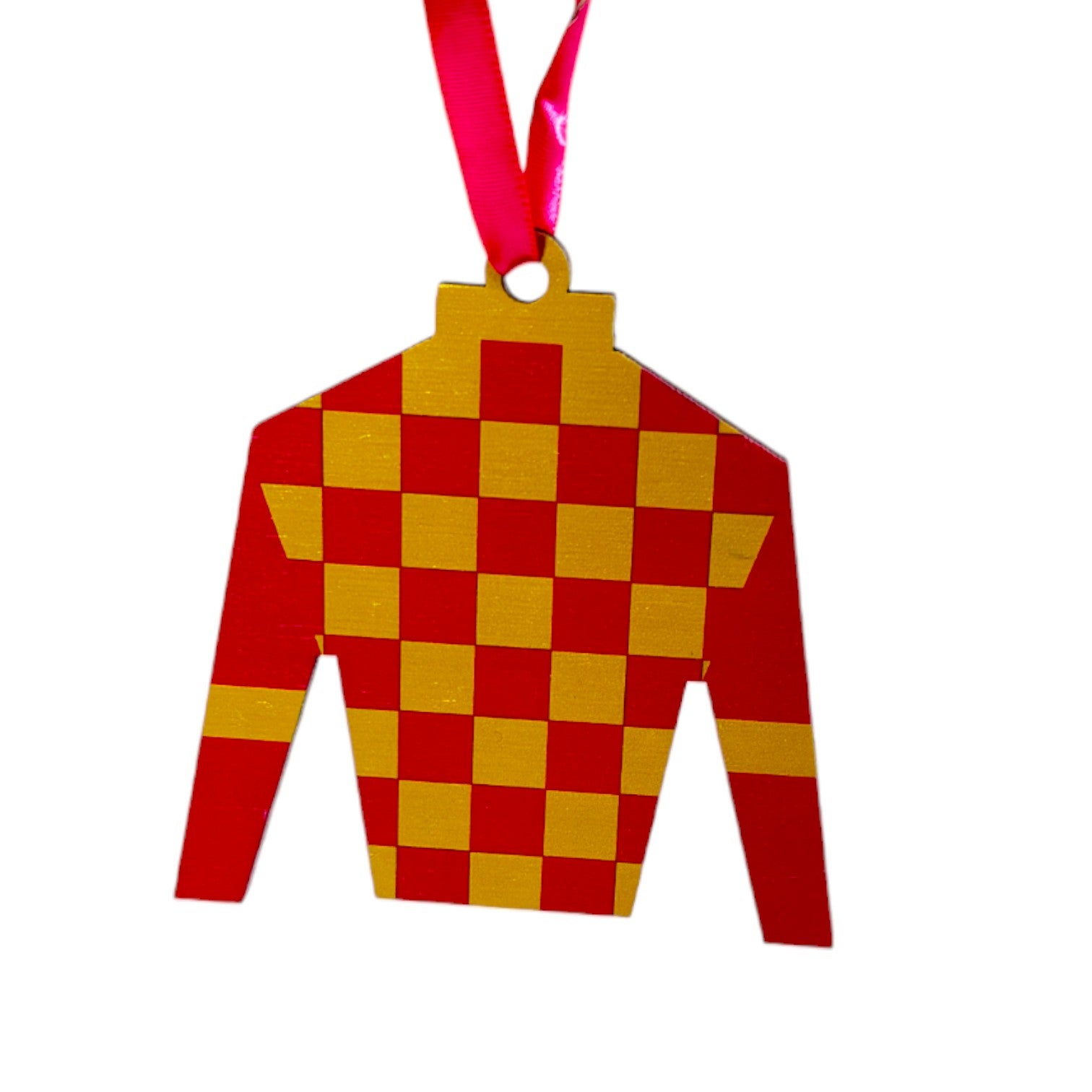 Checkered red and yellow jockey suit ornament on a white background