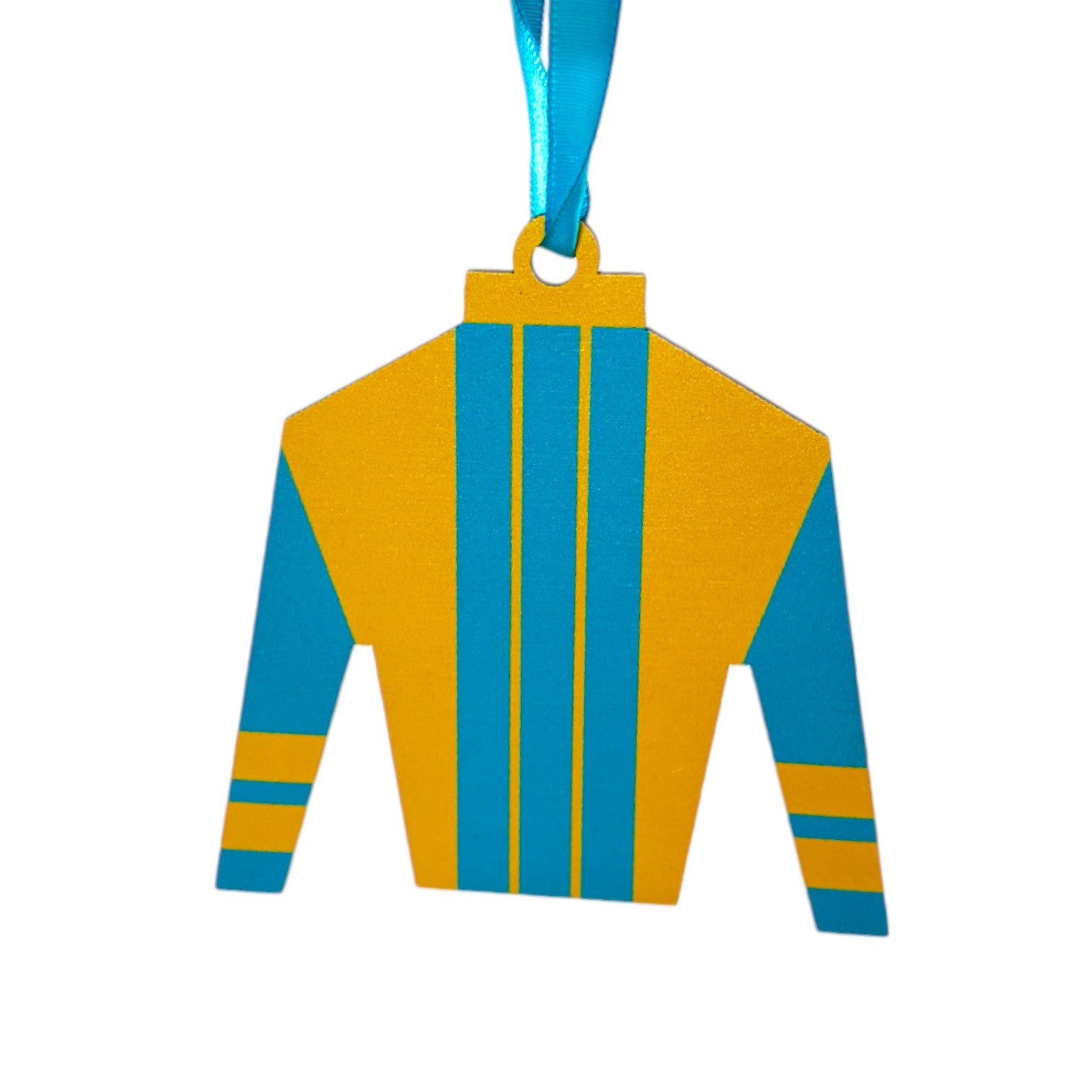 Decorative jockey silks with blue and yellow stripes on a white background