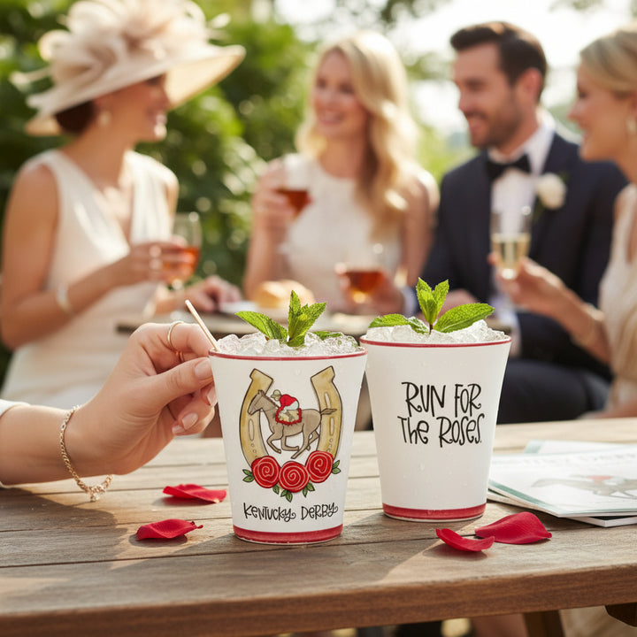 A classic Kentucky Derby Julep Glass filled with a mint julep, garnished with fresh mint and ice, sitting on a wooden table.