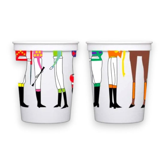 white stadium cups featuring colorful illustrations of jockey legs and horse racing silks.