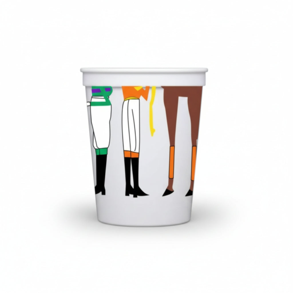 white stadium cup featuring colorful illustrations of jockey legs and horse racing silks.