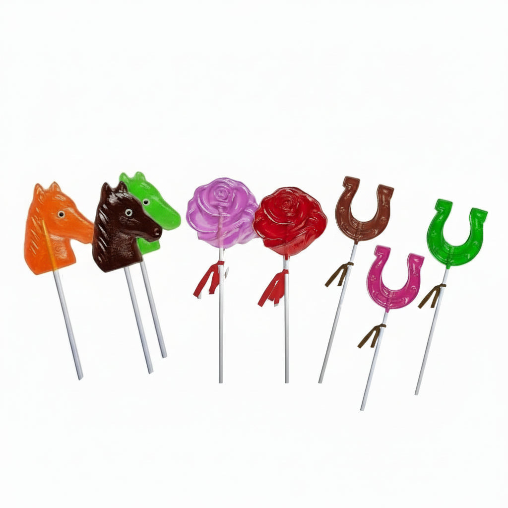 Set of colorful lollipops on sticks shaped like horses, roses, and horseshoes on a white background.