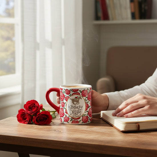 The 20oz mug filled with coffee, displaying the vibrant rose pattern and illustrative jockey design.
