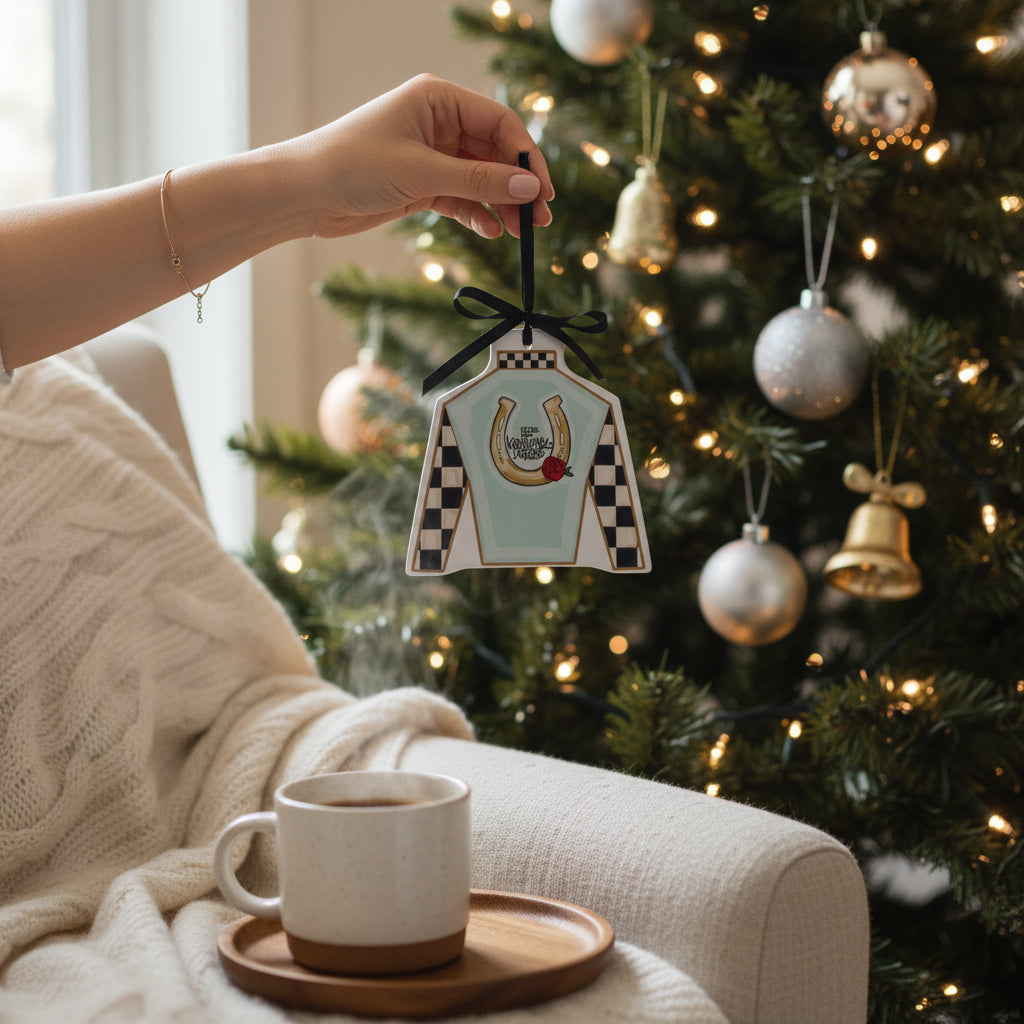 The jockey silk ornament hanging on a festive, lit Christmas tree, showcasing its vibrant colors.