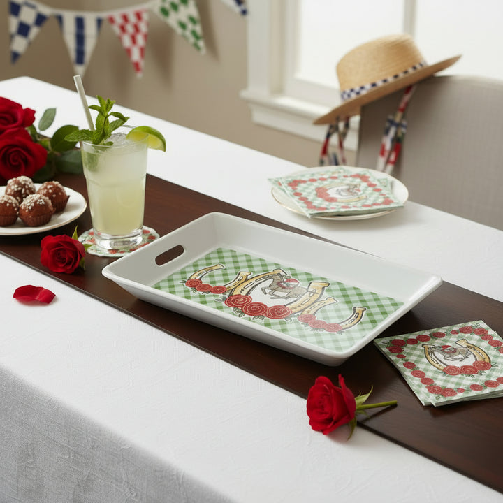 The 8.5" x 5.5" Kentucky Derby mini tray serving small appetizers on a festive party table decorated for Derby.