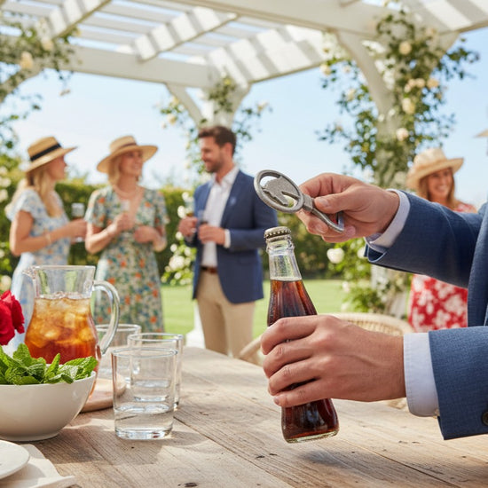 A person using the Horse Bottle Opener to open a classic soda bottle during a party.