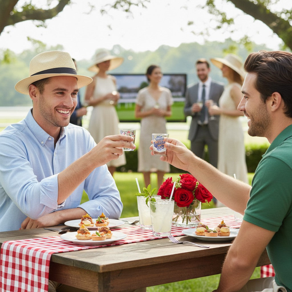  Two men in festive attire toast with their 152nd Art of the Derby shot glasses at an outdoor Kentucky Derby party.