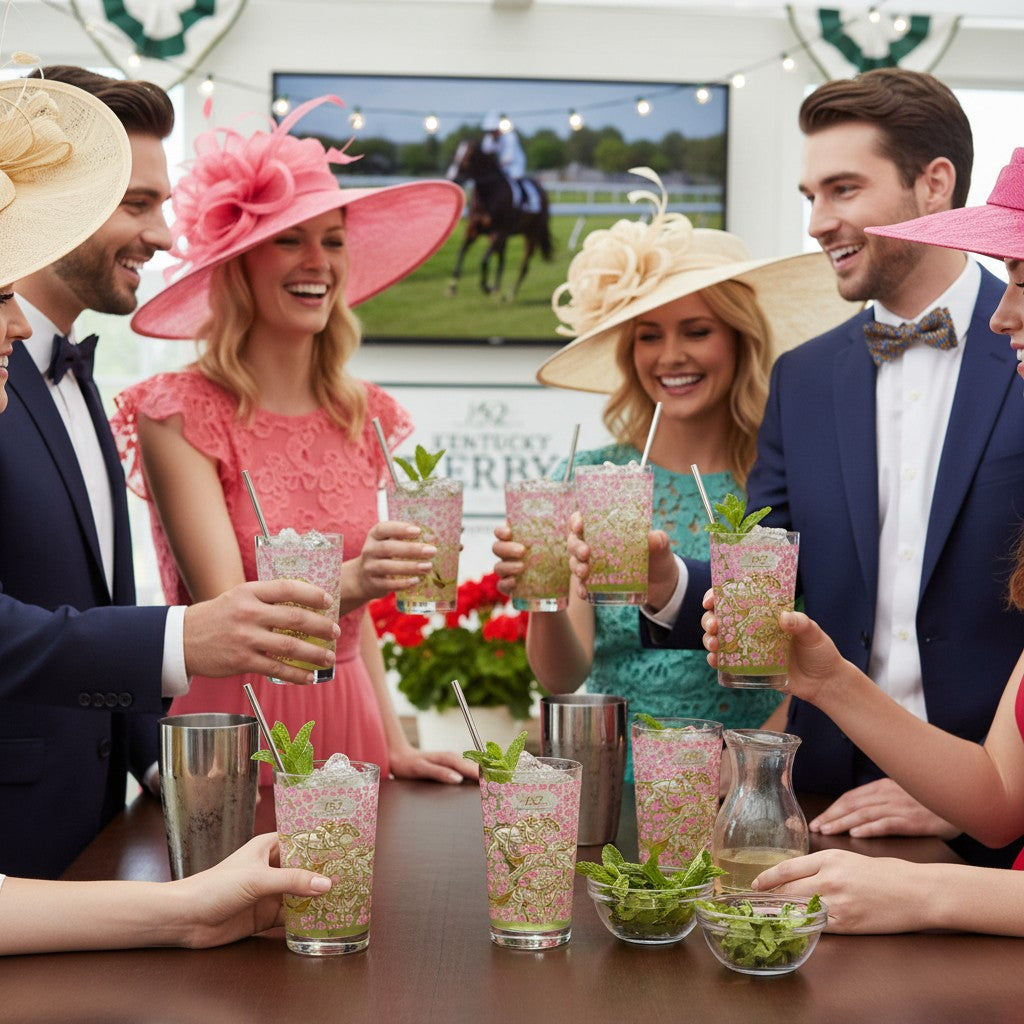 A lifestyle scene of guests enjoying mint juleps in the 152nd Derby glasses.