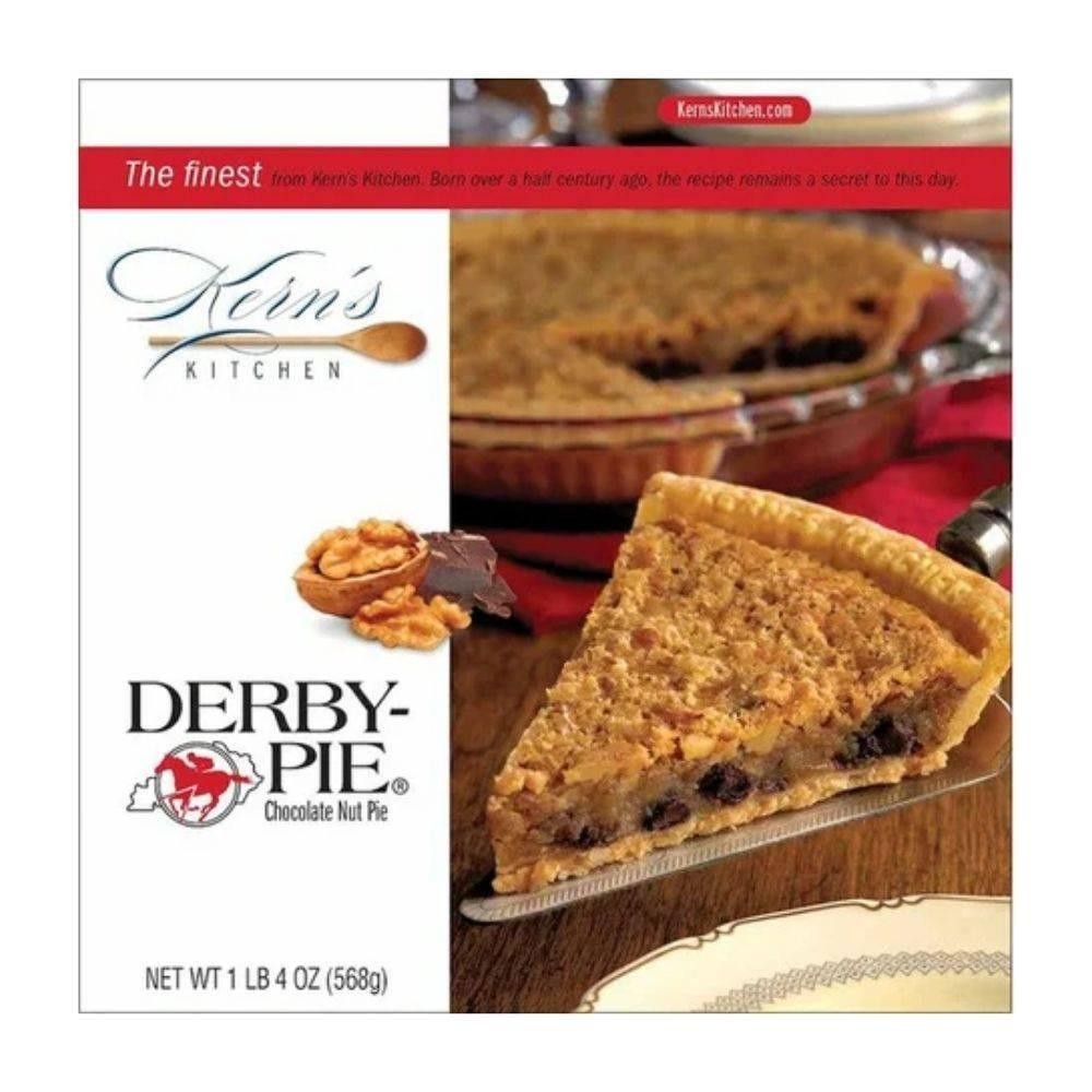 Kris's Kitchen Derby Pie packaging with a slice of pie on a wooden board.