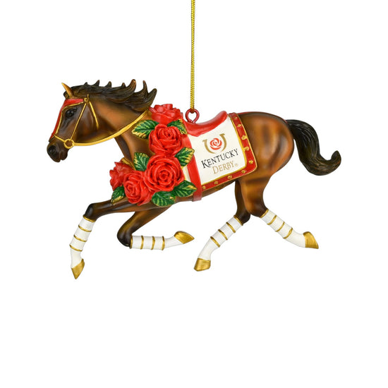 Side view of the galloping racehorse ornament, showing the Kentucky Derby logo on its saddle cloth.