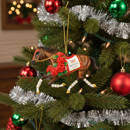 The Kentucky Derby racehorse ornament hanging on a festive Christmas tree with soft lights.