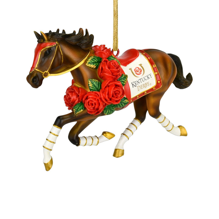 A close-up detail shot of the hand-painted red rose garland draped over the racehorse ornament.