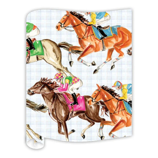Derby Racehorses paper table runner with a classic racehorse design, perfect for Kentucky Derby parties.