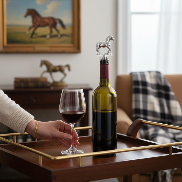 The Derby Horse Wine Stopper placed securely in the neck of a wine bottle, demonstrating its use and elegant profile.