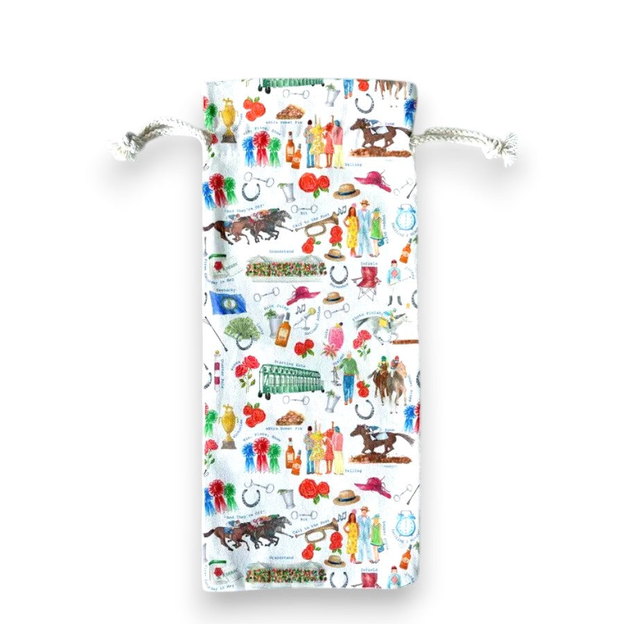 A natural canvas drawstring gift bag with a Kentucky Derby horse racing theme, shown holding a bottle of wine.