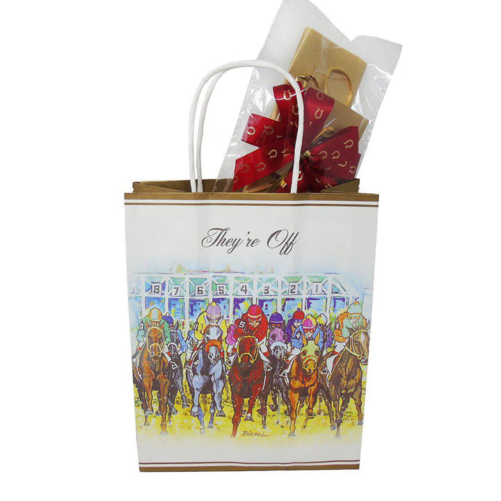 Gift bag with horse racing design and text 'They're Off' on a white background
